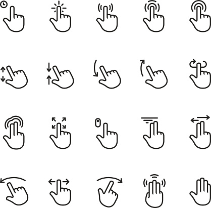 Twenty perfect pixel and vector icons representing Action gesture for Touch screen interfaces. 