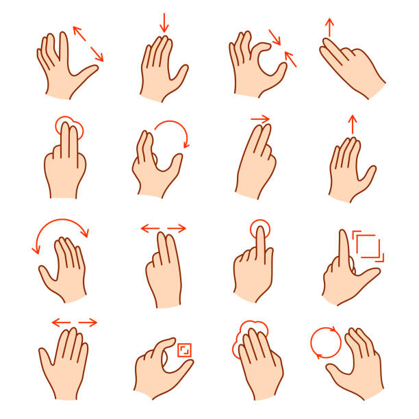illustrazioni stock, clip art, cartoni animati e icone di tendenza di gesti e frecce della mano touchscreen che indicano la direzione del movimento - pizzicotti