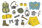 Set of hand drawn facilities for tourism and camping equipment. Preparing for hiking tour, vacation, activity holiday, outdoor travel concept.