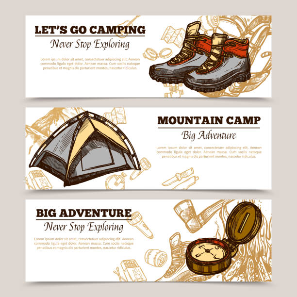Horizontal tourism banners set presenting lets go camping mountain...