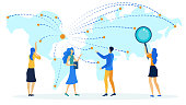 Tourism Destinations Flat Vector Illustration. Cartoon Travel Agent Offering Vacation Trips, Routes to Different Countries on Map. Girl, Student, Job Seeker with Magnifier Looking for Vacancies Abroad