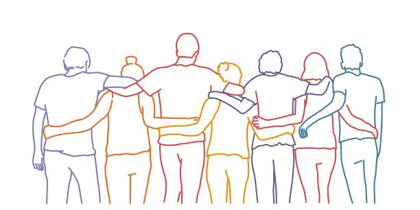 Tourism, travel, people, leisure and teenage concept - group of happy friends hugging. Tourism, travel, people, leisure and teenage concept - group of happy friends hugging. Colour line drawing vector illustration. standing stock illustrations