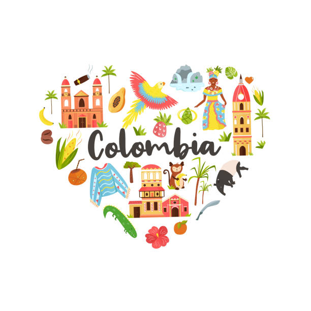 stockillustraties, clipart, cartoons en iconen met toeristische poster met beroemde bestemmingen en bezienswaardigheden van colombia. ontdek colombia concept image. voor banners, reisgidsen - colombia land
