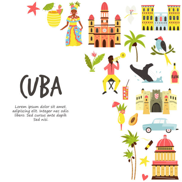 古巴著名目的地和地標的旅遊海報。探索古巴概念圖片。 - 國家名勝 插圖 幅插畫檔、美工圖案、卡通及圖標