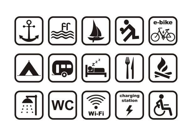 tourist resort, set icons, eps. camping, tourist resort, set icon, isolated vector symbols, black silhouette on white background bedroom silhouettes stock illustrations