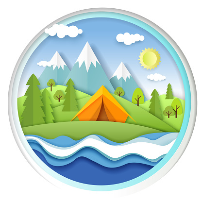 Tourist tent on river bank, forest and mountain landscape. Vector illustration in paper art craft style. Summer camping.