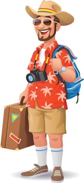 Tourist With Hat And Sunglasses Vector illustration of a cheerful bearded man, wearing a hat, a Hawaiian Shirt and sunglasses going on vacation. He is carrying a backpack and a suitcase and is making thumbs up gesture. airport clipart stock illustrations