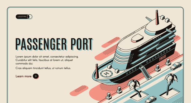 Touristic journey destination vector website Passenger port isometric vector web banner template. Cruise ship with lowered ladder, moored to pier in tropical country line art illustration. Vacation pleasure voyage, nautical journey landing page cruise vacation stock illustrations
