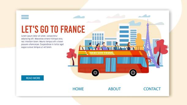 Touristic Tour to France Flat Vector Webpage Bus Tours, Professional Excursion in France Trendy Flat Vector Web Banner, Landing Page Template. Tourists Visiting Paris, Observing Famous Attractions from Double-Decker, Open Top Bus Illustration double decker bus stock illustrations