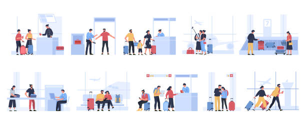 Tourists in airport. People waiting for plane in terminal, tourist characters receive passport control, pass luggage inspection or get luggage vector illustration set. Travelers with suitcases Tourists in airport. People waiting for plane in terminal, tourist characters receive passport control, pass luggage inspection or get luggage vector illustration set. Passengers before departure airport stock illustrations