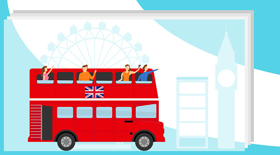 Tourists traveling in double-decker bus. Bus travel concept.