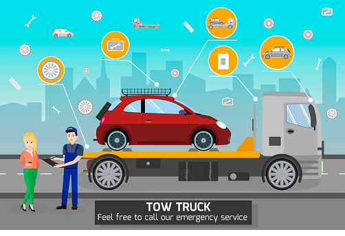 Tow Truck and Driver Services. Vector Illustration