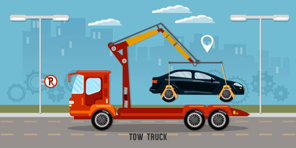 Tow truck in the city, tow truck transports the car Tow truck in the city, tow truck transports the car, parking fine tow truck police stock illustrations