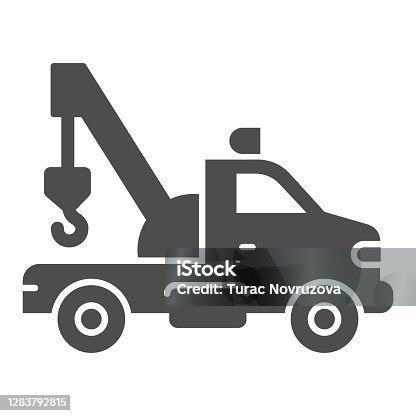 istock Tow truck with crane solid icon, heavy equipment concept, tow car sign on white background, Car towing truck icon in glyph style for mobile concept and web design. Vector graphics. 1283792815