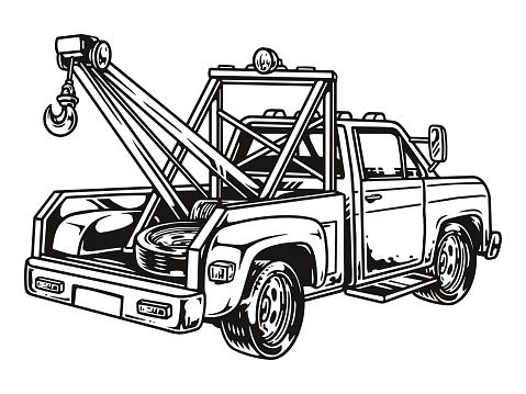 Tow truck with lifting hook and tire in enclosed cabin in monochrome vintage style, vector illustration