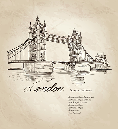 Vector Tower Bridge, London, England, UK, Europe. Hand drawing old fashion illustration background with copy space.