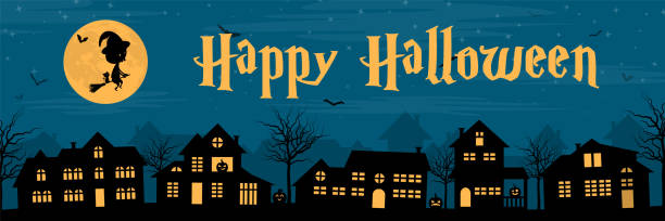 stadt-silhouette mit einer hexe, kürbisse und fledermäuse in der nacht. happy halloween-banner. - emotion spuk stock-grafiken, -clipart, -cartoons und -symbole