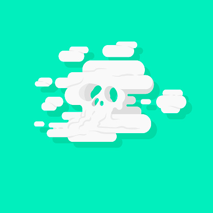 Toxic nebulization of pesticide. Cloud of smoke in the shape of a skull representing death. Acaricide, contamination. Flat design, vector illustration.
