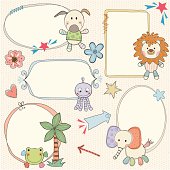 Hand drawn frames, banners with toy animals. Seamless background.  AI, EPS, SVG and JPG.