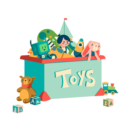 Toy box. Cartoon container with kids transport and plush animals. Cute doll or robot for infant play and toddler education. Storage of children rocket or musical instrument. Vector orphanage gift box