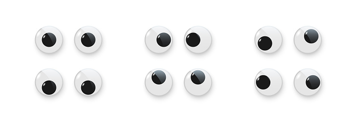 Toy eyes set vector illustration. Wobbly plastic open eyeballs of dolls looking up, down, left, right, crazy round parts with black pupil collection isolated on white background