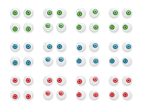Toy eyes set vector illustration. Wobbly plastic open green, blue and red eyeballs of dolls looking up, down, left, right, crazy round parts with black pupil collection isolated on white background