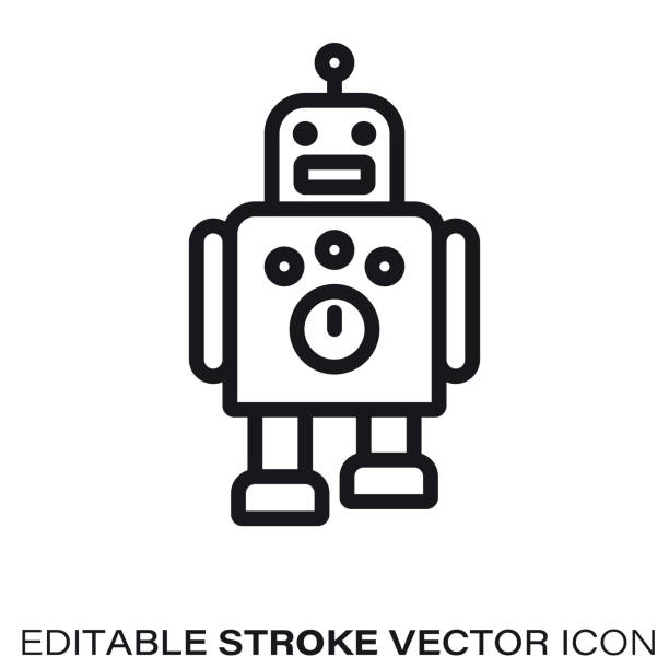 Toy robot vector line icon Toy robot line icon. Outline symbol of toys and futurism. Editable stroke flat vector illustration. robot icons stock illustrations