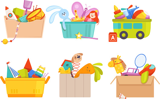 Toys box. Children toy cars rocket soccer bear gifts for kids vector packages collection