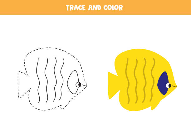 Trace and color cute sea fish. Worksheet for kids. Trace and color cute sea fish. Educational game for kids. Writing and coloring practice. printable of fish drawing stock illustrations
