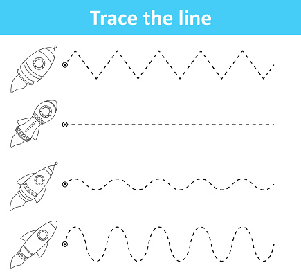 Trace Line Worksheet For Preschool Kids With Rockets Stock Illustration