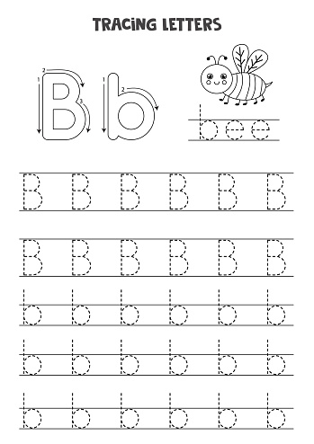 Tracing letters of English alphabet. Black and white worksheet.
