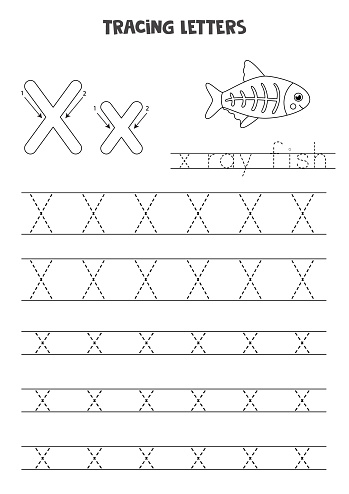 Tracing letters of English alphabet. Black and white worksheet.