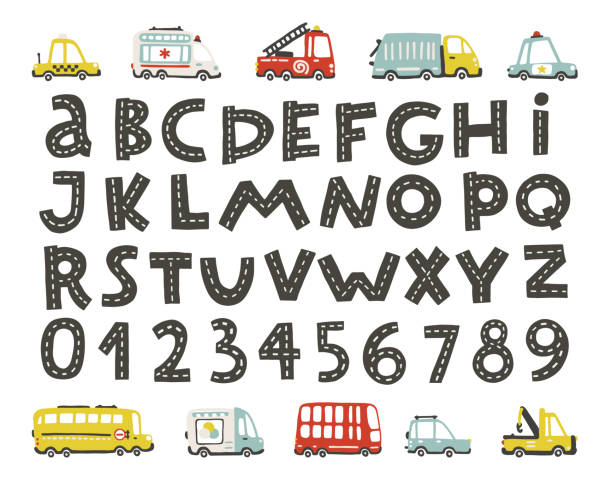 Track road alphabet, numbers. Baby city cars set. Comic funny transport. Vector cartoon illustrations in hand-drawn Scandinavian style for kids, nursery, poster, card, birthday party, baby t-shirts Track road alphabet, numbers. Baby city cars set. Comic funny transport. Vector cartoon illustrations in hand-drawn Scandinavian style for kids, nursery, poster, card, birthday party, baby t-shirts. tow truck police stock illustrations
