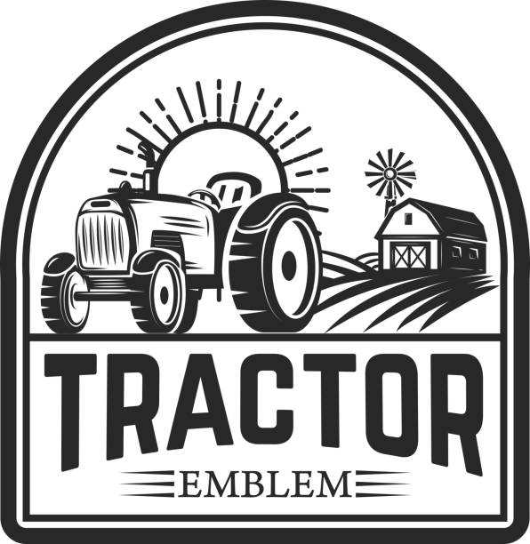 traktor-emblem. bauernmarkt. gestaltungselement für label, zeichen. - traktor stock-grafiken, -clipart, -cartoons und -symbole