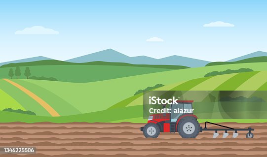 istock Tractor plowing the field on rural landscape background. Agriculture concept. 1346225506