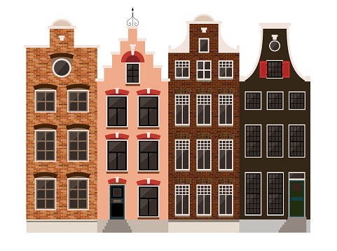 Traditional Amsterdam dutch style houses, European architecture, old town. Vector illustration design template