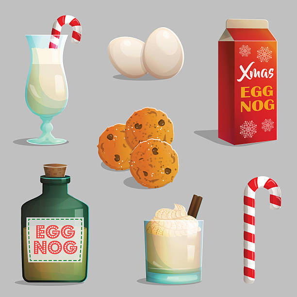 Traditional Christmas treats illustration set Traditional Catholic Christmas treats, egg nog bottles and glasses with cream, cinnamon, festive candy cane, chocolate chip cookies. eggnog stock illustrations