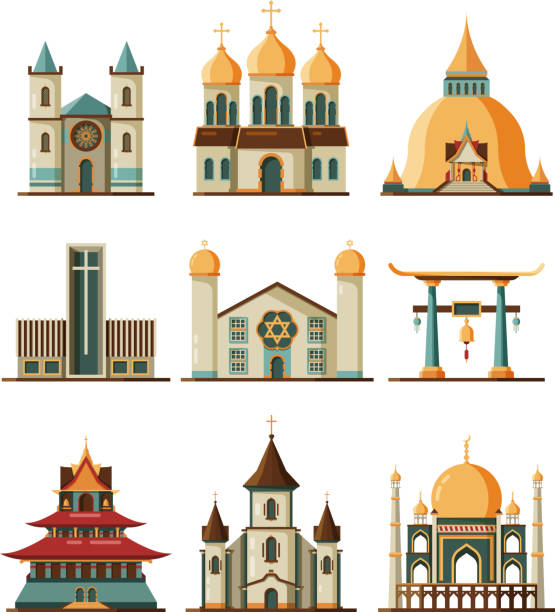 Traditional church. Christian and lutheran religion buildings muslim islamic mosque vector flat pictures Traditional church. Christian and lutheran religion buildings muslim islamic mosque vector flat pictures. Catholic cathedral, christian and muslim religious church illustration synagogue stock illustrations