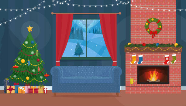 ilustrações de stock, clip art, desenhos animados e ícones de traditional cozy home interior at christmas with decorated tree, gifts, fireplace, soft sofa under window. vector illustration in flat style - living room night nobody