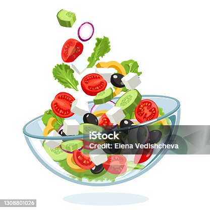 istock Traditional Greek salad with slices of feta cheese, tomatoes, olives, flying in the air to a glass bowl on a white background. Mediterranean diet 1308801026