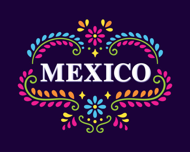 Traditional Mexical floral ornament Text Mexico with beautiful floral ornament of traditional Mexican embroidery patterns. Colorful ethnic design banner, vector illustration. mexican culture stock illustrations