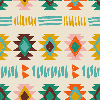 Traditional Native Americans Southwest, Navajo style, Aztec, Wild West seamless pattern. Tribal geometric print with abstract hand-drawn textured shapes. Ethnic design wallpaper, fabric, textile.
