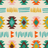 istock Traditional Native Americans Southwest, Navajo style, Aztec, Wild West seamless pattern. Tribal geometric print with abstract hand-drawn textured shapes. Ethnic design wallpaper, fabric, textile. 1369438085