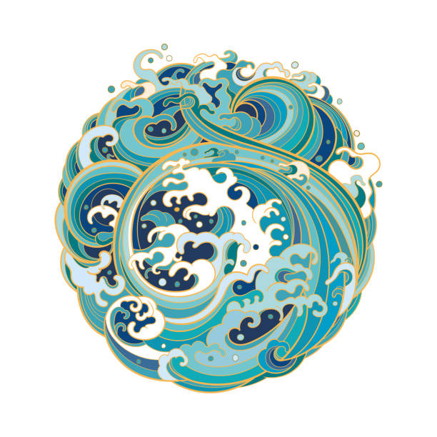 Traditional oriental sea waves in the form of a circle. Vector illustration of geometric shape circle with marine waves in traditional oriental style. Graphic element for design. sea foam stock illustrations