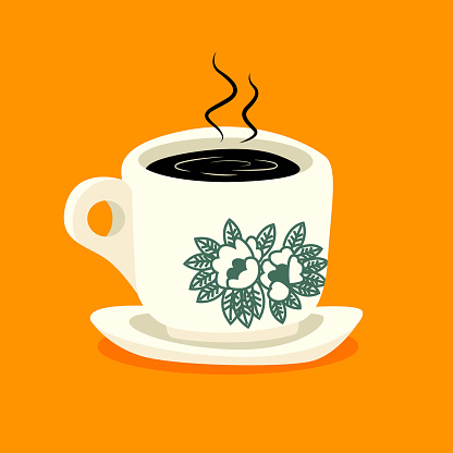 Traditional oriental style coffee on orange colour background - flat art vector icon