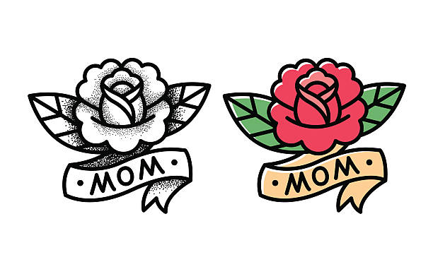 Traditional rose tattoo Old school rose tattoo with ribbon and word Mom. Two variants, traditional black dot style and color ink. Isolated vector illustration. flowers tattoos stock illustrations