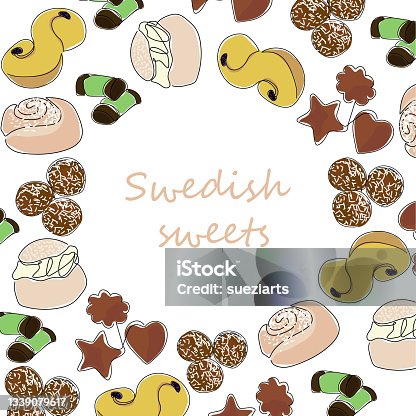istock Traditional swedish sweets background in line art and coloring, with round frame for text. Vector illustration. 1339079617