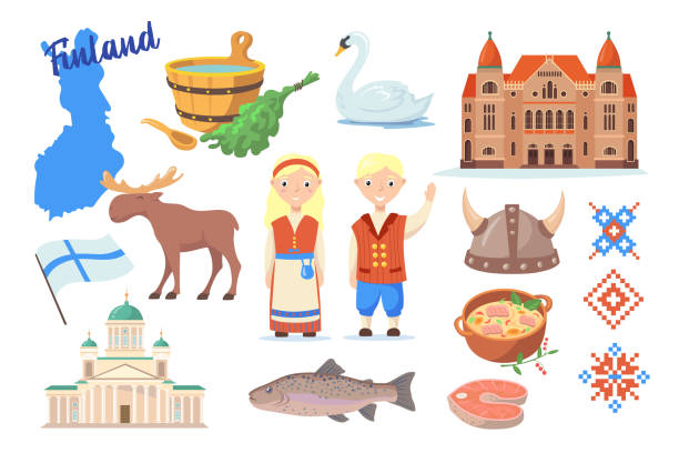 traditional symbols of finland cartoon vector illustration - 芬蘭拉普蘭區 幅插畫檔、美工圖案、卡通及圖標