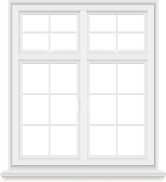 traditional white window isolated Traditional white window isolated on white background. Closed realistic vector window element of architecture and interior design. window borders stock illustrations