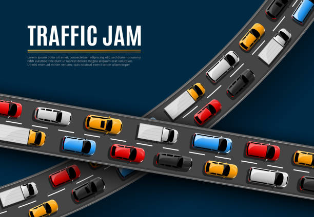 Traffic jam vector poster with cars driving road Traffic jam vector poster with cars driving on road top view. Rush hour in city, vehicles on two lane highway. Automobiles stand in rows, traffic jam problem of megalopolis, transport congestion traffic stock illustrations
